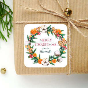 Watercolor-Orangener Weihnachtsgirlande Frohe Weih Quadratischer Aufkleber