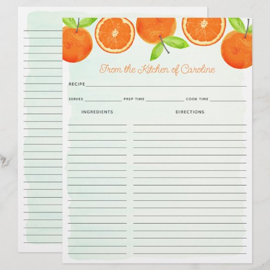 Watercolor Oranges Fruit Recipe Card Binder Insert (Vorne/Hinten)