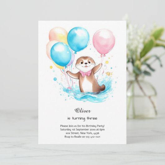 Watercolor Otter Birthday Invitation Einladung (Stehend Vorderseite)
