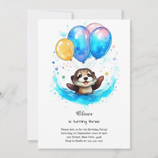 Watercolor Otter Birthday Invitation Einladung (Vorderseite)
