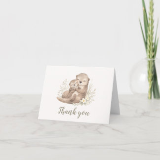 Watercolor Otter Family Botanical Baby Shower Dankeskarte