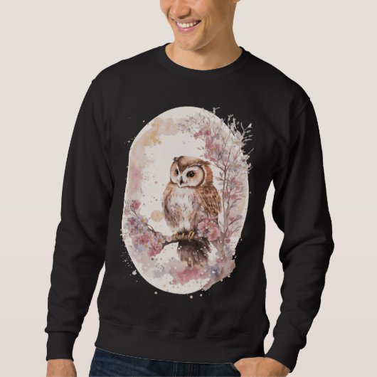 Watercolor Owl Cherry Blossom Japanese Sakura Sweatshirt (Vorderseite)