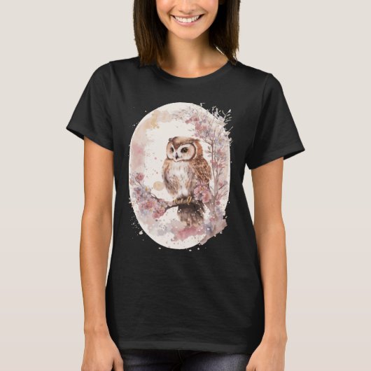 Watercolor Owl Cherry Blossom Japanese Sakura T-Shirt (Vorderseite)