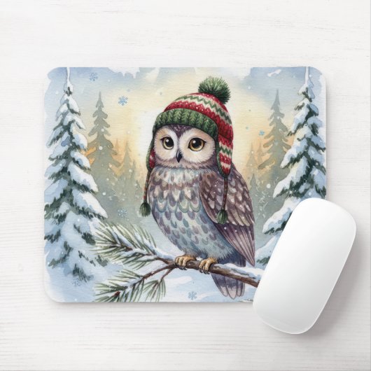 Watercolor Owl In Winter Hat Mousepad (Mit Mouse)