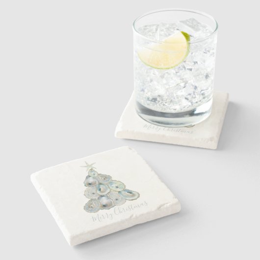 Watercolor Oyster Christmas Tree Steinuntersetzer (Seitenansicht)