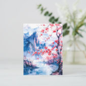 Watercolor painting chinese mountain sakura postkarte (Stehend Vorderseite)
