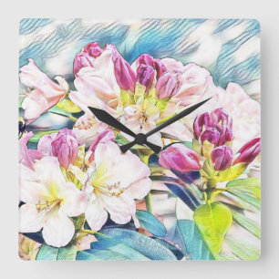 Watercolor painting of a pink and white azeea quadratische wanduhr