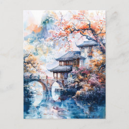 Watercolor painting of china temple and water postkarte