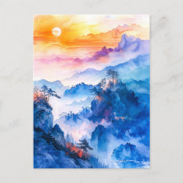 Watercolor painting of sundown chinese mountain postkarte