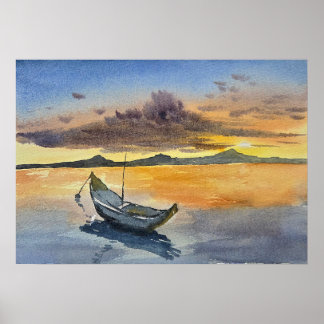 Watercolor Painting Sunset scene Poster