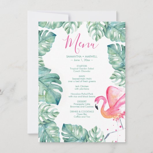 Watercolor Palm Leaves Pink Flamingo Tropical Menu Einladung (Vorderseite)