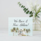 Watercolor Palm Tree Beach House New Address Card (Stehend Vorderseite)