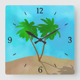 Watercolor Palm Tree Beach Scene Collage Quadratische Wanduhr