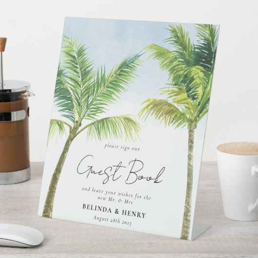 Watercolor Palm Tree Beach Wedding Gästebuch Sockelschild (In Situ)