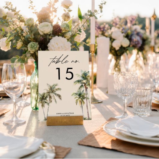 Watercolor Palm Tree Wedding coastal desination Tischnummer