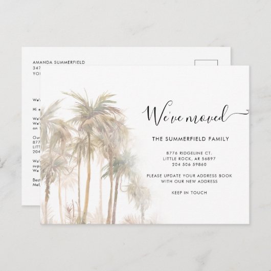 Watercolor Palm Trees Coastal Moving Ankündigungspostkarte (Vorne/Hinten)