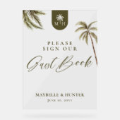 Watercolor Palm Trees Wedding Monogram Guest Book Acrylschild (Vorderseite)