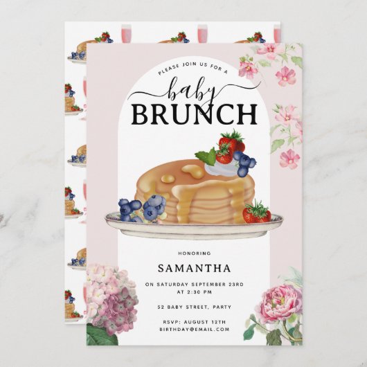 Watercolor Pancakes Berries Brunch Baby Shower Einladung (Vorne/Hinten)