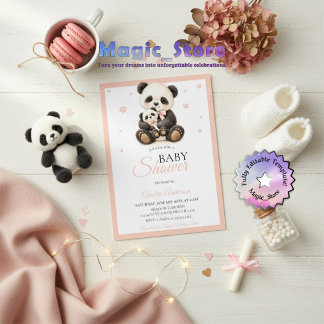 Watercolor Panda Bear Mommy Cub Pink Paws Einladung