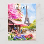 Watercolor Paris Eiffel Tower & Café Reisen Postkarte (Vorderseite)