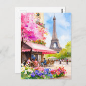 Watercolor Paris Eiffel Tower & Café Retro Postkarte (Vorne/Hinten)