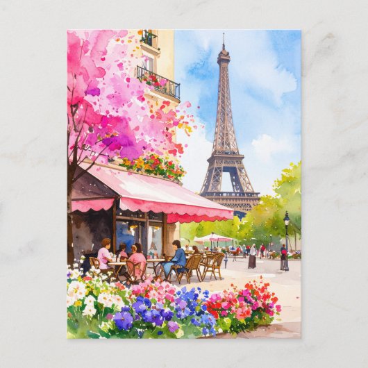 Watercolor Paris Eiffel Tower & Café Retro Postkarte (Vorderseite)