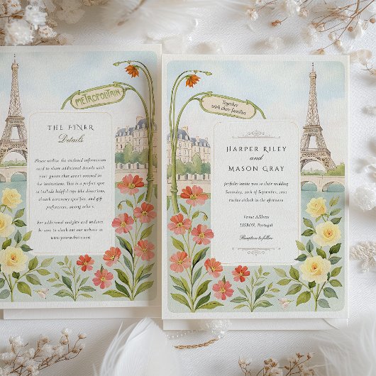 Watercolor Paris Eiffel Tower Wedding Einladung