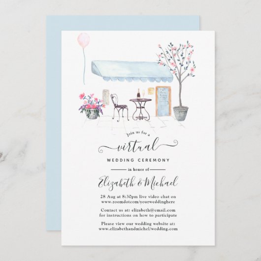 Watercolor Paris Online Virtual Wedding Einladung (Vorne/Hinten)