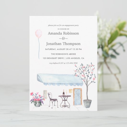 Watercolor Paris thematische Engagement Partei ein Einladung (Stehend Vorderseite)