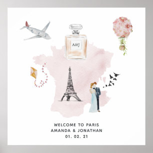 Watercolor Paris Themed Wedding Welcome Monogram Poster