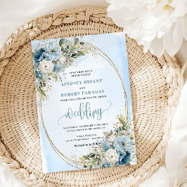 Watercolor Pastel Blue Flowers Gold Wedding Invite Einladung