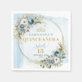 Watercolor Pastel Blue Flowers Greenery Gold 15th Serviette (Vorderseite)
