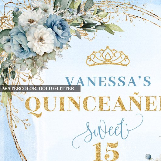 Watercolor Pastel Blue Flowers Greenery Gold Serviette