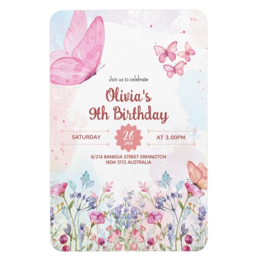 Watercolor Pastel Butterfly Birthday Invitation Magnet (Vertikal)