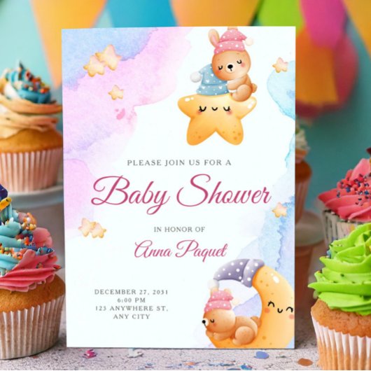 Watercolor Pastel Cute Teddy Bear Baby Shower Einladung