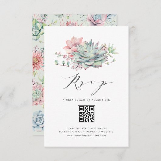 Watercolor Pastel Succulents Bouquet QR Code RSVP Karte (Vorne/Hinten)