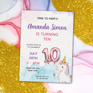Watercolor Pastel Unicorn Girls 10th Birthday Einladung