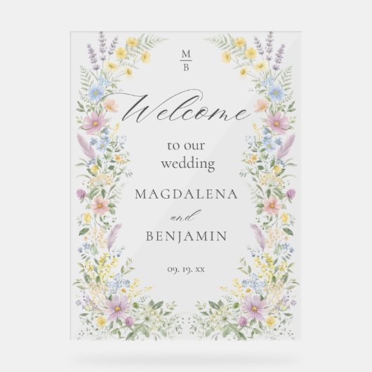 Watercolor Pastel Wildflowers Wedding Welcome Acrylschild (Vorderseite)