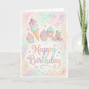 Watercolor-Pastell-Cupcake-Geburtstag Karte