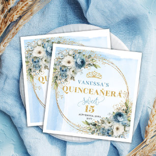 Watercolor Pastellblaue Blumen Grün Gold 15. Serviette