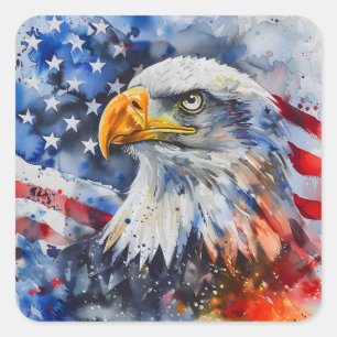 Watercolor Patriotic Bald Eagle Amerikanische Flag Quadratischer Aufkleber