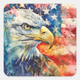 Watercolor Patriotic Bald Eagle Amerikanische Flag Quadratischer Aufkleber