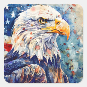 Watercolor Patriotic Bald Eagle Amerikanische Flag Quadratischer Aufkleber