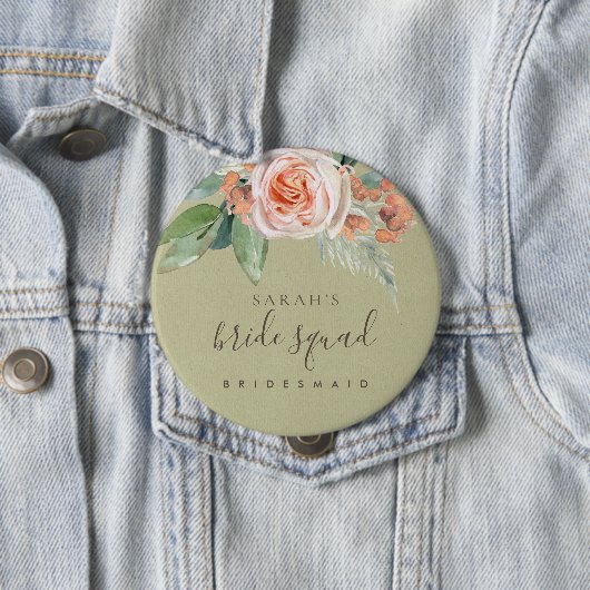 WATERCOLOR PEACH BLUME BRIDE SQUAD BRIDESMAID BUTTON (Beispiel)