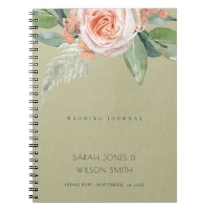 WATERCOLOR PEACH BLUME GREEN FOLIAGE WEDD NOTIZBLOCK