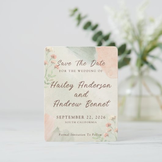 Watercolor Peach & Green Minimal Wedding Save The Date (Stehend Vorderseite)