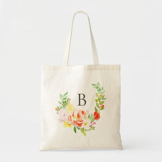 Watercolor Peach Peonies Wreath Monogram Tote Bag Tragetasche (Vorne)