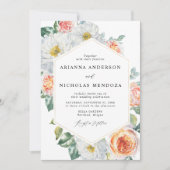 Watercolor Peach & White Floral Gold Rahmen Weddin Einladung (Vorderseite)