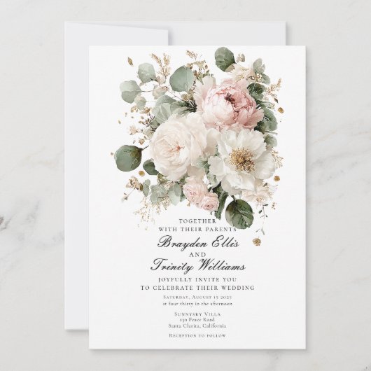 Watercolor peonies elegant wedding invitation einladung (Vorderseite)
