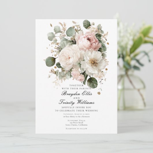 Watercolor peonies elegant wedding invitation einladung (Stehend Vorderseite)